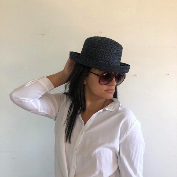 Vintage Blue Hat - Retro Woven Pattern Curved Brim - 90s Fashion for Women